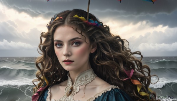 1girl,solo,long hair,looking at viewer,blush,blue eyes,brown hair,hair ornament,dress,ribbon,collarbone,hair ribbon,upper body,outdoors,sky,day,cloud,water,lips,makeup,blue dress,bird,ocean,wavy hair,beach,cloudy sky,lipstick,portrait,rain,curly hair,realistic,red lips,waves,parted lips,umbrella,sunlight,horizon