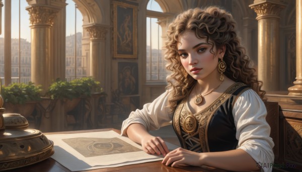 1girl,solo,long hair,breasts,looking at viewer,brown hair,shirt,dress,brown eyes,jewelry,sitting,upper body,earrings,parted lips,day,indoors,necklace,lips,book,window,wavy hair,chair,table,sunlight,plant,building,scenery,pendant,curly hair,paper,city,fantasy,clock,potted plant,pillar,sleeves past elbows,column,watermark,realistic,map