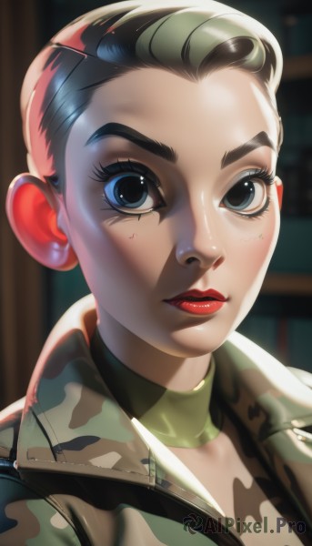 1girl,solo,looking at viewer,short hair,blue eyes,black hair,jacket,choker,blurry,uniform,black eyes,lips,military,eyelashes,military uniform,makeup,lipstick,portrait,close-up,nose,red lips,very short hair,camouflage,camouflage jacket,brown hair,closed mouth,upper body,forehead