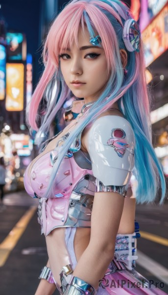 1girl,solo,long hair,breasts,looking at viewer,bangs,blue eyes,hair ornament,navel,medium breasts,blue hair,upper body,pink hair,multicolored hair,parted lips,hairclip,midriff,armor,blurry,from side,two-tone hair,lips,grey eyes,makeup,blurry background,headphones,headset,science fiction,realistic,nose,jewelry,earrings,outdoors,black eyes,looking to the side,depth of field,watermark,road,cyberpunk