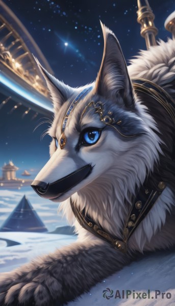 solo,blue eyes,outdoors,lying,sky,signature,no humans,night,animal,on stomach,star (sky),night sky,snow,starry sky,dog,circlet,space,animal focus,planet,wolf,aurora,jewelry