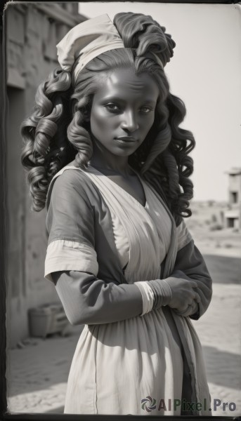 1girl,solo,long hair,breasts,looking at viewer,long sleeves,dress,jewelry,closed mouth,standing,monochrome,short sleeves,greyscale,signature,dark skin,blurry,dark-skinned female,lips,blurry background,border,own hands together,spot color,curly hair,realistic,ringlets,statue,very dark skin,dreadlocks,outdoors,parted lips,artist name,bracelet,ring,nose