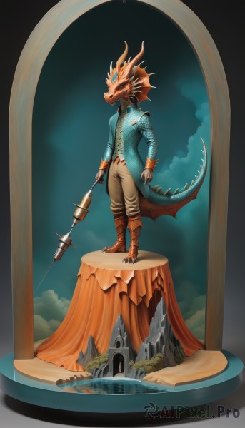 solo,1boy,holding,standing,tail,full body,weapon,male focus,boots,horns,sky,pants,cloud,water,colored skin,polearm,spikes,dragon,dragon tail,scales,head fins,syringe,trident,monster boy,faux figurine,blue eyes,wings,holding weapon,no humans,fire,claws,furry,mountain,waterfall,cliff