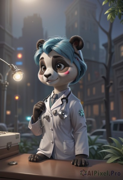 1girl,solo,blush,smile,short hair,hair ornament,1boy,animal ears,brown eyes,blue hair,male focus,outdoors,necktie,sky,artist name,blurry,tree,night,blurry background,blush stickers,building,night sky,furry,blue necktie,city,furry female,labcoat,lamp,furry male,badge,lamppost,bear ears,animal nose,suitcase,stethoscope,doctor,leaf,raccoon ears,panda,panda ears