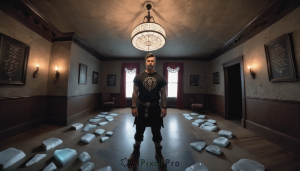 solo,looking at viewer,short hair,brown hair,shirt,black hair,1boy,standing,full body,male focus,boots,belt,pants,indoors,black footwear,black shirt,tattoo,muscular,facial hair,black pants,sunglasses,beard,clenched hands,door,arms at sides,light,lamp,bald,very short hair,ceiling,hallway,ceiling light,chandelier,dark skin,english text,window,dark-skinned male,scenery,rock,chalkboard