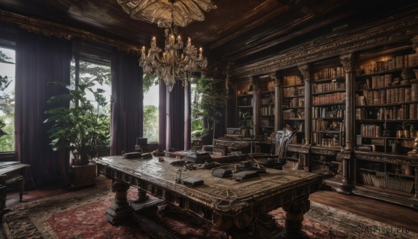 day,indoors,tree,cup,book,no humans,window,chair,table,sunlight,plant,curtains,scenery,wooden floor,stairs,bookshelf,potted plant,lamp,candle,shelf,pillar,book stack,carpet,candlestand,rug,chandelier