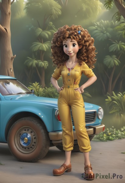 1girl,solo,long hair,smile,brown hair,hair ornament,brown eyes,jewelry,standing,full body,outdoors,shoes,dark skin,dark-skinned female,tree,lips,sunlight,ground vehicle,nature,motor vehicle,sleeves rolled up,forest,curly hair,hands on hips,watch,car,overalls,vehicle focus,jumpsuit,afro,sports car,looking at viewer,hairband,leaf,plant,zipper