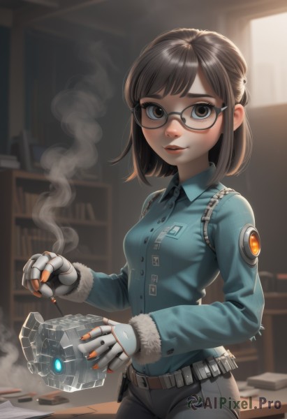 mei (overwatch),1girl,solo,breasts,looking at viewer,smile,short hair,bangs,brown hair,shirt,gloves,long sleeves,holding,brown eyes,medium breasts,cowboy shot,small breasts,parted lips,glasses,collared shirt,belt,pants,artist name,indoors,medium hair,nail polish,blurry,lips,book,fur trim,makeup,blue shirt,steam,smoke,half updo,black-framed eyewear,cigarette,nose,round eyewear,bookshelf,grey pants,bullet,black pants,robot,semi-rimless eyewear,cyborg