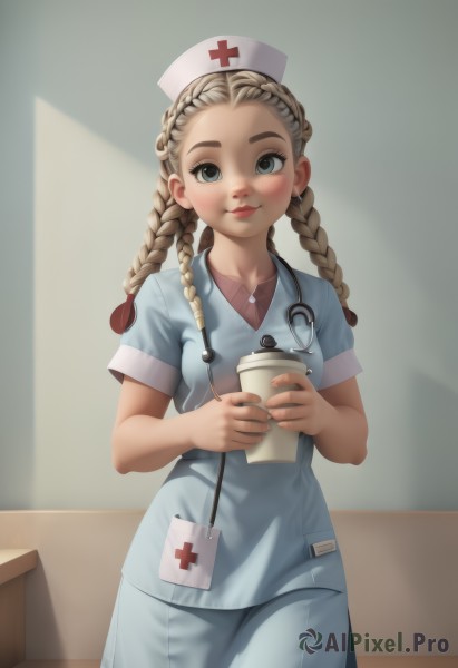 1girl,solo,long hair,breasts,looking at viewer,smile,blue eyes,skirt,blonde hair,brown hair,shirt,hat,dress,holding,closed mouth,standing,braid,short sleeves,cowboy shot,small breasts,indoors,twin braids,cup,lips,blue skirt,blue dress,cross,holding cup,forehead,pocket,nose,nurse cap,nurse,disposable cup,stethoscope,red cross,blush,hairband,artist name,flat chest,makeup,buttons,thick eyebrows,red lips