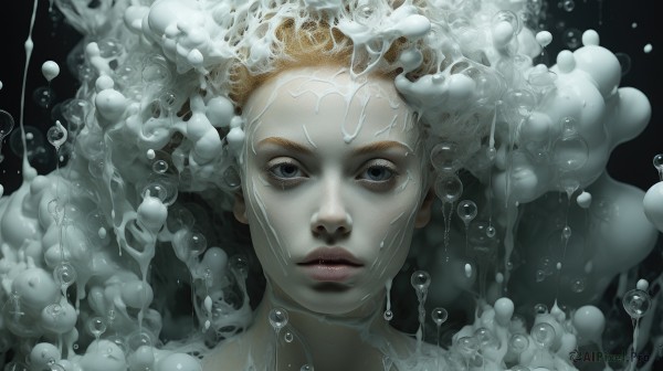 1girl,solo,looking at viewer,short hair,blue eyes,blonde hair,simple background,parted lips,water,black eyes,lips,grey eyes,expressionless,black background,portrait,bubble,realistic,nose,air bubble,straight-on,surreal,jellyfish,white hair,eyelashes,water drop