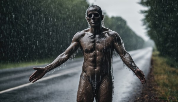 solo,1boy,navel,standing,male focus,nude,outdoors,blurry,tree,wet,mask,muscular,blurry background,parody,outstretched arms,facing viewer,rain,realistic,spread arms,photo background,cowboy shot,water,depth of field,abs,car,road