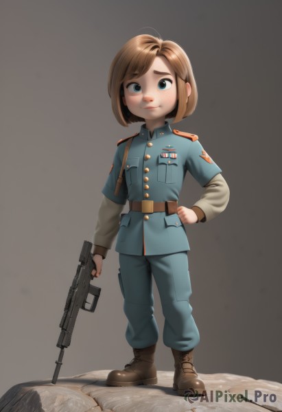 1girl,solo,looking at viewer,short hair,blue eyes,simple background,brown hair,long sleeves,holding,closed mouth,standing,jacket,full body,weapon,boots,belt,pants,grey background,holding weapon,uniform,hand on hip,gun,military,military uniform,brown footwear,thick eyebrows,blue jacket,child,holding gun,rifle,blue pants,female child,brown belt,smile,bangs,shirt,lips,buttons,swept bangs,cross-laced footwear,freckles,epaulettes,pocket,breast pocket,submachine gun,green pants