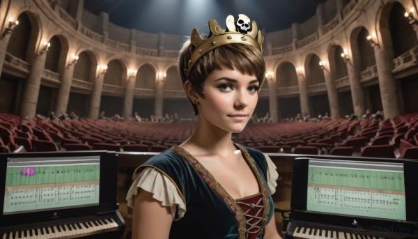 1girl,solo,breasts,looking at viewer,smile,short hair,brown hair,dress,cleavage,brown eyes,jewelry,collarbone,upper body,earrings,small breasts,indoors,lips,tiara,crown,instrument,light rays,realistic,nose,very short hair,pillar,piano,keyboard (instrument),hat,medium breasts