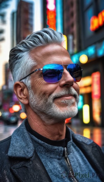 solo,shirt,1boy,closed mouth,jacket,upper body,white hair,grey hair,male focus,outdoors,glasses,blurry,black jacket,blurry background,facial hair,sunglasses,portrait,beard,zipper,city,realistic,mustache,manly,old,old man,aviator sunglasses,looking at viewer,short hair,artist name,signature,open jacket,lips,night,depth of field,blue shirt,blue jacket,nose,unzipped,zipper pull tab,leather,leather jacket,denim jacket