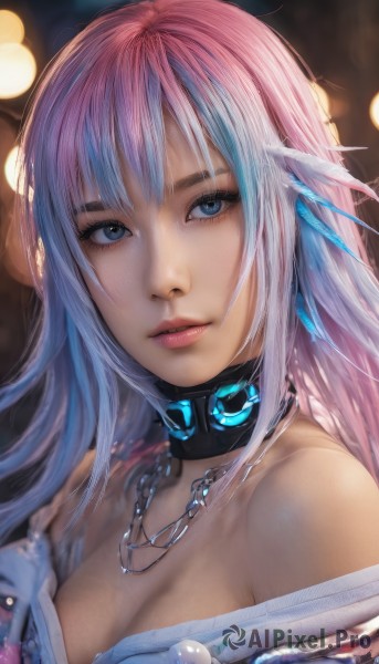 1girl,solo,long hair,breasts,looking at viewer,bangs,blue eyes,hair ornament,cleavage,bare shoulders,jewelry,medium breasts,blue hair,collarbone,upper body,pink hair,multicolored hair,parted lips,japanese clothes,choker,necklace,off shoulder,blurry,collar,two-tone hair,lips,eyelashes,makeup,depth of field,blurry background,chain,feathers,portrait,realistic,nose,earrings