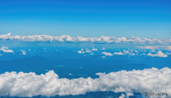 monochrome,outdoors,sky,day,cloud,water,blue sky,no humans,bird,ocean,cloudy sky,scenery,blue theme,horizon,landscape,above clouds