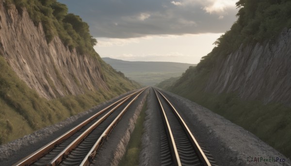 outdoors,sky,day,cloud,tree,blue sky,no humans,cloudy sky,grass,nature,scenery,forest,mountain,road,bridge,river,landscape,railroad tracks,sunlight