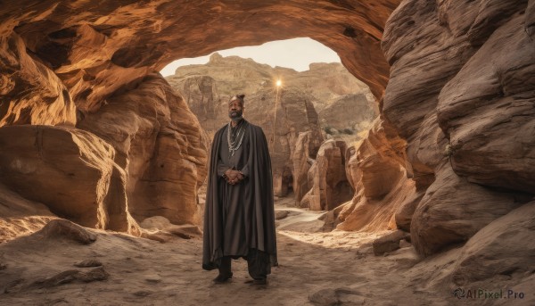 solo,long sleeves,1boy,jewelry,standing,male focus,outdoors,dark skin,necklace,cape,black footwear,facial hair,scenery,beard,robe,rock,bald,wide shot,old,old man,desert,ring,sand