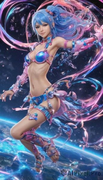 1girl,solo,long hair,breasts,looking at viewer,smile,blue eyes,navel,cleavage,jewelry,medium breasts,blue hair,swimsuit,full body,bikini,earrings,armpits,nail polish,armor,high heels,lips,thigh strap,toes,sandals,gauntlets,blue bikini,toenails,realistic,space,bikini armor,planet,toeless footwear,earth (planet),hair ornament,ponytail,pink hair,multicolored hair,midriff,watermark,armlet,floating,fantasy,barefoot sandals