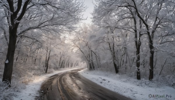 outdoors,sky,day,tree,no humans,nature,scenery,snow,forest,winter,bare tree,grass,ground vehicle,motor vehicle,snowing,realistic,road,landscape,path