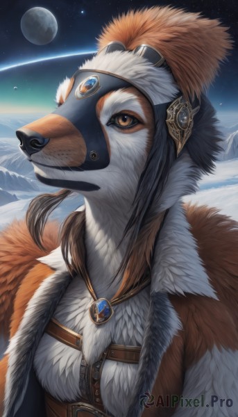 1girl,solo,black hair,brown eyes,jewelry,upper body,sky,signature,necklace,fur trim,no humans,night,moon,feathers,brooch,goggles,gem,star (sky),furry,starry sky,mountain,planet,fur,hat,outdoors,animal,night sky,pendant,realistic