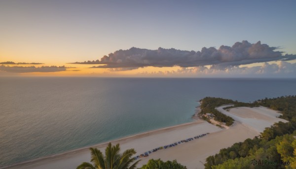 outdoors,sky,cloud,water,tree,blue sky,no humans,ocean,beach,plant,nature,scenery,forest,sunset,sand,palm tree,sun,horizon,road,bush,evening,gradient sky,shore,day,smoke,watercraft