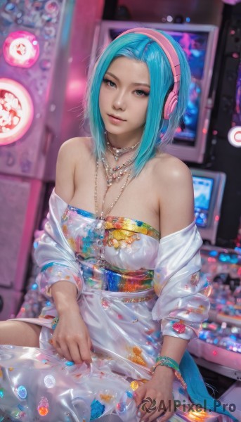 1girl,solo,breasts,looking at viewer,short hair,dress,cleavage,bare shoulders,jewelry,medium breasts,sitting,closed mouth,blue hair,indoors,necklace,off shoulder,nail polish,white dress,blurry,bracelet,lips,sash,strapless,aqua hair,blurry background,headphones,strapless dress,forehead,realistic,nose,controller,monitor,game controller,smile,blue eyes,thighhighs,medium hair,watermark,holographic interface