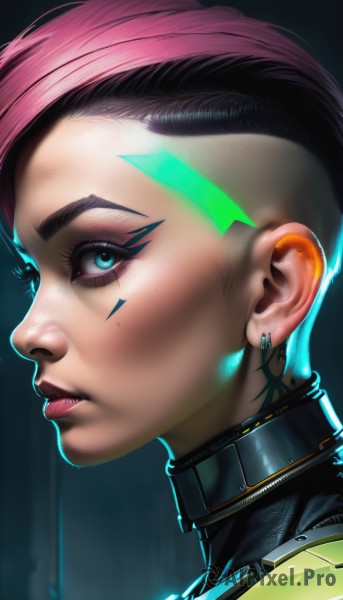 1girl,solo,looking at viewer,short hair,blue eyes,jewelry,pink hair,multicolored hair,earrings,parted lips,artist name,dark skin,from side,two-tone hair,lips,eyelashes,bodysuit,tattoo,profile,makeup,glowing,facial mark,lipstick,portrait,eyeshadow,freckles,science fiction,realistic,nose,eyeliner,very short hair,undercut,cyborg,mascara,mohawk,cyberpunk,green eyes,aqua eyes,dark-skinned female,piercing,close-up,facial tattoo