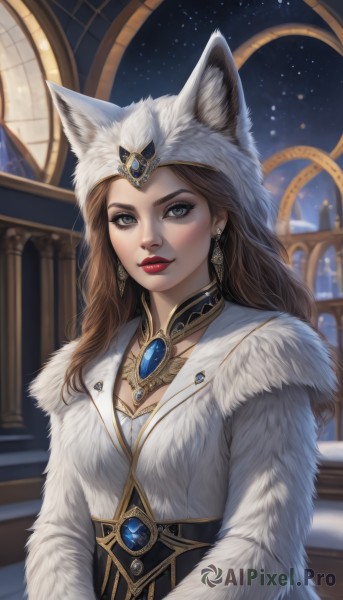 1girl,solo,long hair,breasts,looking at viewer,brown hair,long sleeves,hat,animal ears,cleavage,jewelry,closed mouth,upper body,earrings,sky,artist name,black eyes,lips,coat,grey eyes,fur trim,makeup,night,lipstick,brooch,gem,corset,white coat,winter clothes,red lips,fur,fur hat,red gemstone,fur coat,hat with ears,smile,blue eyes,dress,medium breasts,indoors,signature,necklace,eyelashes,wavy hair,star (sky),eyeshadow,realistic,nose