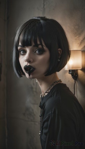 1girl,solo,looking at viewer,short hair,bangs,shirt,black hair,jewelry,upper body,earrings,indoors,blunt bangs,necklace,blurry,black eyes,from side,lips,looking to the side,black shirt,eyelashes,makeup,mouth hold,piercing,bob cut,lipstick,ear piercing,spikes,realistic,nose,red lips,lamp,mascara,gothic,black lips,tongue piercing,lip piercing,jacket,heart,cross,cross necklace