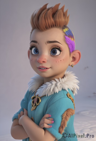 1girl,solo,looking at viewer,smile,short hair,blue eyes,brown hair,dress,jewelry,upper body,purple hair,short sleeves,multicolored hair,earrings,parted lips,teeth,nail polish,two-tone hair,lips,fur trim,eyelashes,piercing,crossed arms,feathers,child,pink nails,freckles,female child,blush,blonde hair,pink hair,artist name,orange hair,makeup,personification