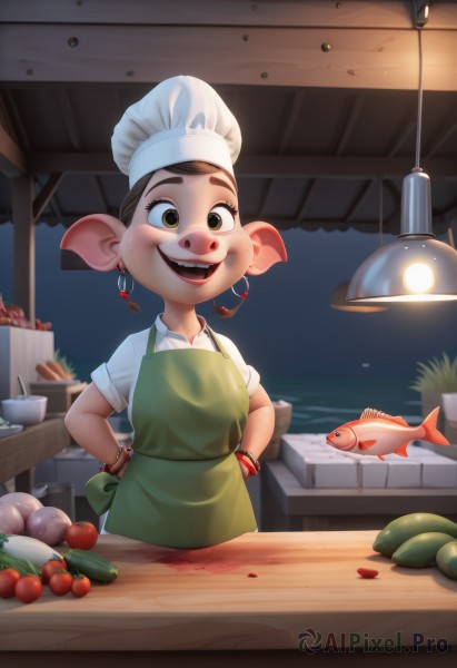 1girl,solo,smile,short hair,open mouth,brown hair,shirt,hat,animal ears,brown eyes,jewelry,standing,white shirt,short sleeves,:d,earrings,food,teeth,indoors,apron,bracelet,night,animal,white headwear,upper teeth only,child,furry,fish,hands on hips,female child,carrot,kitchen,tomato,vegetable,chef hat,green apron,cutting board,onion,looking at viewer,water,fruit,table,plant,beads,mouse ears,furry female,bead bracelet,eggplant