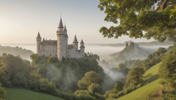 outdoors,sky,day,cloud,tree,no humans,grass,building,nature,scenery,forest,mountain,river,castle,tower,landscape,fog,sunlight,bush,mountainous horizon,path