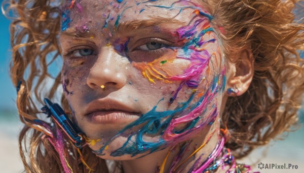 1girl, solo, blonde hair, brown hair, jewelry, earrings, parted lips, blurry, lips, grey eyes, eyelashes, floating hair, portrait, freckles, realistic, nose, paint splatter, paint, paint splatter on face