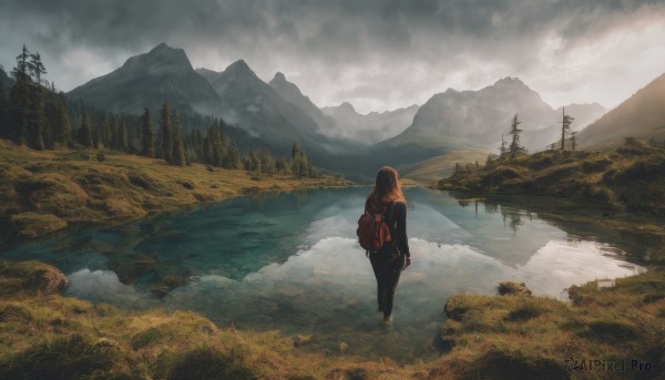 1girl,solo,long hair,brown hair,long sleeves,standing,outdoors,sky,day,cloud,water,bag,from behind,tree,backpack,cloudy sky,grass,nature,scenery,forest,reflection,walking,mountain,facing away,wide shot,river,landscape,mountainous horizon,lake,fog,very wide shot