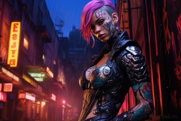 1girl,solo,breasts,looking at viewer,short hair,jewelry,medium breasts,upper body,pink hair,multicolored hair,earrings,outdoors,armor,blurry,lips,wet,bodysuit,tattoo,makeup,night,piercing,lipstick,ear piercing,science fiction,rain,city,nose,arm tattoo,undercut,facial tattoo,cyborg,cyberpunk,nose piercing,neon lights,cleavage,jacket,purple hair,dark skin,mohawk