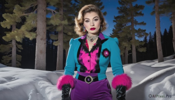 1girl,solo,looking at viewer,short hair,brown hair,gloves,brown eyes,jewelry,jacket,earrings,outdoors,sky,black gloves,belt,pants,necklace,tree,lips,coat,fur trim,makeup,night,lipstick,star (sky),nature,night sky,snow,forest,starry sky,curly hair,red lips,winter,choker,realistic