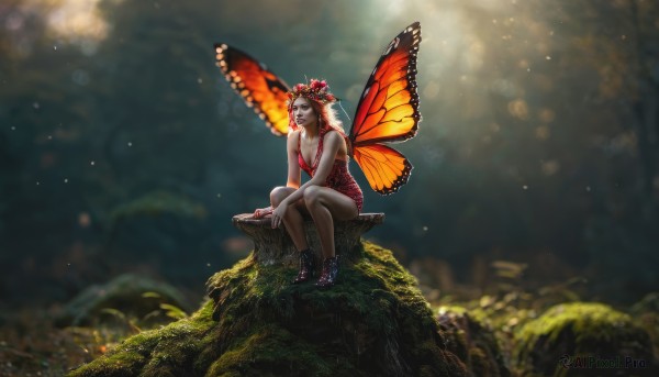 1girl,solo,long hair,breasts,hair ornament,dress,cleavage,bare shoulders,medium breasts,sitting,flower,outdoors,wings,hair flower,blurry,watermark,bug,nature,forest,realistic,fairy,head wreath,butterfly wings,tree stump,black hair,red hair,small breasts,shoes,depth of field,red dress,butterfly,fairy wings