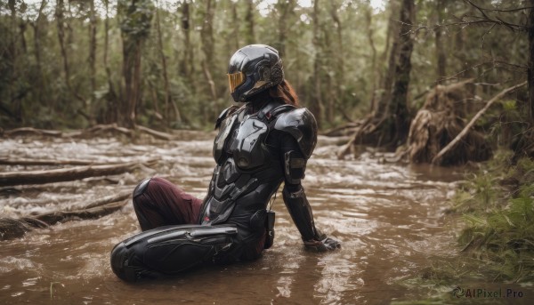 solo,1boy,sitting,male focus,outdoors,pants,signature,armor,blurry,tree,bodysuit,helmet,robot,nature,forest,science fiction,realistic,water,mask,rock,on ground,cyborg,power armor