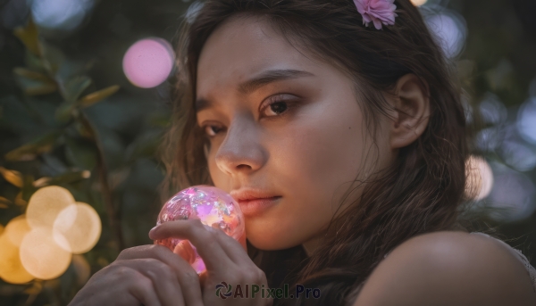 1girl, solo, long hair, brown hair, hair ornament, holding, brown eyes, flower, food, hair flower, mole, blurry, lips, mole under eye, depth of field, blurry background, realistic, nose