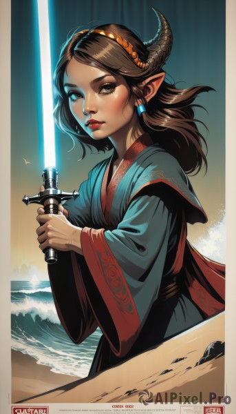 1girl,solo,long hair,looking at viewer,brown hair,holding,brown eyes,weapon,hairband,outdoors,horns,pointy ears,sword,artist name,wide sleeves,water,holding weapon,lips,makeup,glowing,bird,ocean,watermark,beach,holding sword,hair tubes,lipstick,web address,robe,nose,sand,red lips,glowing weapon,energy sword,lightsaber,blue eyes,long sleeves,jewelry,earrings,realistic,tunic,desert