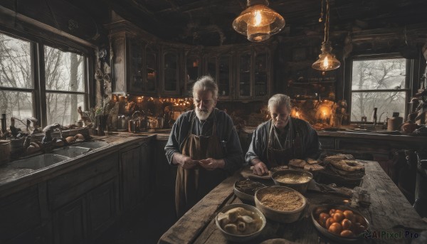 short hair,blonde hair,shirt,long sleeves,holding,standing,white hair,grey hair,male focus,food,multiple boys,collared shirt,indoors,2boys,apron,tree,cup,window,fruit,facial hair,chair,table,bottle,plant,scenery,beard,snow,plate,alcohol,tray,bowl,mustache,basket,lamp,bread,old,old man,bare tree,wine bottle,jar,counter,jewelry,ring,robe,candle,bald,orange (fruit),kitchen