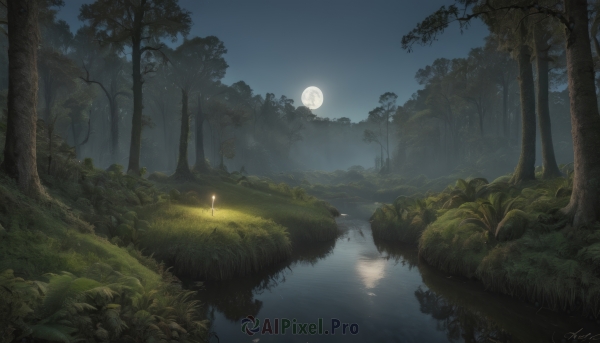 outdoors,sky,signature,water,tree,no humans,night,moon,grass,plant,nature,night sky,scenery,full moon,forest,reflection,fantasy,bush,river,lake,moonlight,cloud,fire,light,landscape,torch