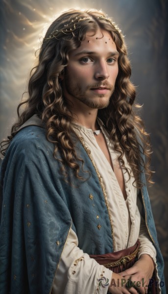 solo,long hair,looking at viewer,brown hair,long sleeves,1boy,brown eyes,jewelry,closed mouth,upper body,male focus,signature,necklace,blurry,black eyes,lips,blurry background,facial hair,wavy hair,own hands together,beard,curly hair,robe,circlet,realistic,cape,freckles,stubble