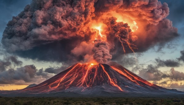 outdoors, sky, cloud, no humans, cloudy sky, fire, scenery, mountain, lightning, molten rock