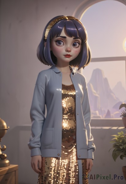 1girl,solo,looking at viewer,blush,short hair,bangs,blue eyes,black hair,long sleeves,dress,closed mouth,standing,jacket,cowboy shot,hairband,small breasts,open clothes,day,shiny,indoors,medium hair,black eyes,open jacket,lips,eyelashes,window,makeup,floral print,sunlight,bob cut,thick eyebrows,cardigan,plant,curtains,backlighting,freckles,nose,arms at sides,red lips,potted plant,brown dress,dappled sunlight,print dress,purple hair,lipstick,blue jacket,realistic