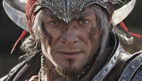 solo,looking at viewer,smile,1boy,brown eyes,jewelry,closed mouth,white hair,grey hair,male focus,horns,pointy ears,necklace,armor,blurry,blurry background,facial hair,helmet,shoulder armor,portrait,beard,close-up,realistic,stubble,fake horns,old,hyur,horned helmet,hat,yellow eyes,lips,heterochromia,scar,nose,mustache,goatee,manly