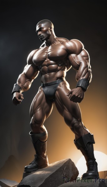 solo,looking at viewer,1boy,navel,underwear,nipples,full body,male focus,thighs,boots,dark skin,muscular,glowing,facial hair,thick thighs,abs,dark-skinned male,pectorals,muscular male,bara,glowing eyes,large pectorals,veins,bulge,topless male,rock,mature male,bald,manly,male underwear,no pupils,biceps,thick arms,standing,artist name,signature,tattoo,scar,thick eyebrows,beard,clenched hands,male swimwear,briefs,swim briefs,veiny arms