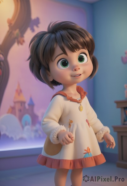 1girl,solo,smile,short hair,bangs,brown hair,black hair,long sleeves,dress,jewelry,green eyes,standing,parted lips,teeth,artist name,indoors,necklace,blurry,window,depth of field,blurry background,watermark,looking up,child,female child,looking at viewer,lips,fur trim,realistic