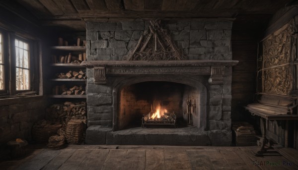 food,day,indoors,no humans,window,chair,table,sunlight,bottle,fire,scenery,wooden floor,stairs,basket,candle,wall,bread,brick wall,shelf,carpet,barrel,candlestand,rug,stone wall,fireplace,wood,fantasy,door,torch,chandelier,treasure chest,log